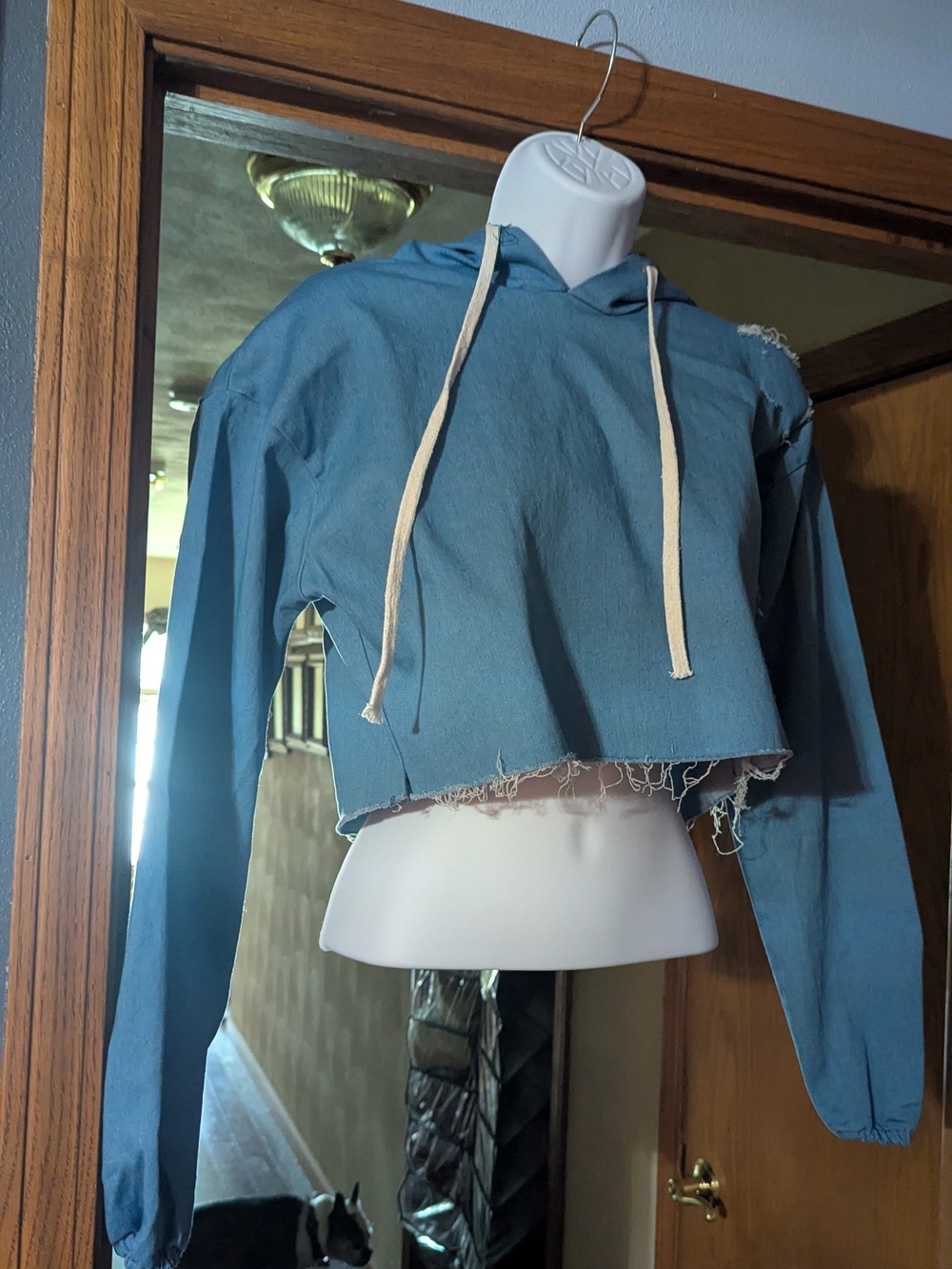 Cropped Distressed Blue Hooded Women's Jacket